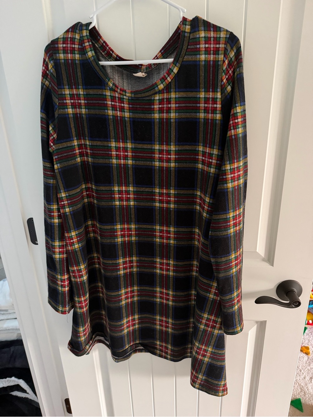 Plaid Long-Sleeve Tunic Top - Navy, Red & Green